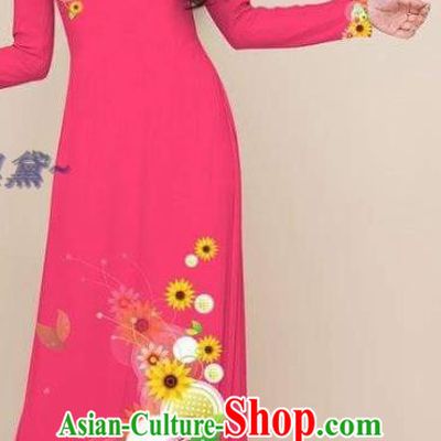 Asian Women Classical Printing Cheongsam Rosy Qipao Dress with Pants Vietnam Ao Dai Clothing Traditional Vietnamese Costumes