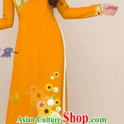 Asian Women Orange Qipao Classical Printing Cheongsam with Pants Costumes Vietnam Ao Dai Clothing Traditional Vietnamese Dress