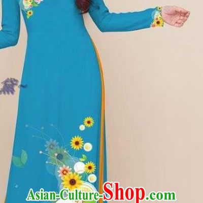 Traditional Asian Women Lake Blue Qipao Costumes Classical Printing Cheongsam with Pants Vietnam Ao Dai Clothing Vietnamese Dress