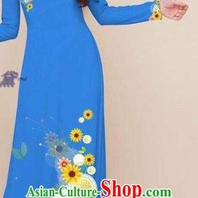 Traditional Asian Costumes Classical Printing Cheongsam with Pants Vietnam Ao Dai Clothing Vietnamese Dress Women Blue Qipao