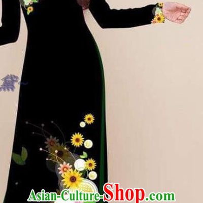 Vietnamese Black Ao Dai Dress Asian Costumes Classical Qipao Printing Cheongsam with Pants Vietnam Traditional Clothing