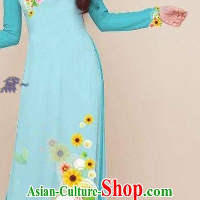 Classical Light Blue Qipao Vietnam Clothing Vietnamese Ao Dai Dress Printing Cheongsam with Pants Asian Traditional Costumes