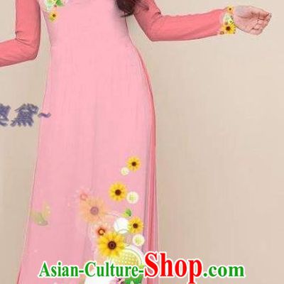 Asian Women Pink Qipao Vietnam Clothing Printing Cheongsam with Pants Vietnamese Ao Dai Dress Traditional Classical Costumes