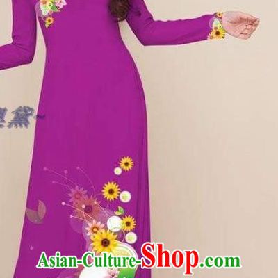 Vietnam Clothing Printing Cheongsam with Pants Vietnamese Ao Dai Dress Traditional Classical Costumes Asian Women Purple Qipao