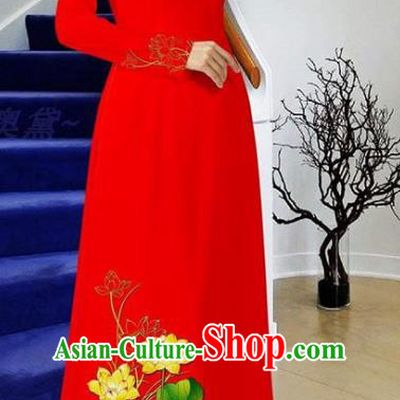 Vietnam Red Cheongsam with Pants Two Piece Set Vietnamese Ao Dai Dress Traditional Classical Costumes Asian Women Qipao Clothing