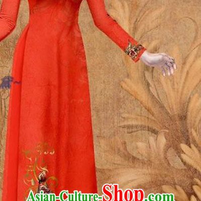Vietnamese Jacinth Ao Dai Dress Traditional Cheongsam Clothing Vietnam Stage Show Fashion Long Dress with Loose Pants Women Outfits