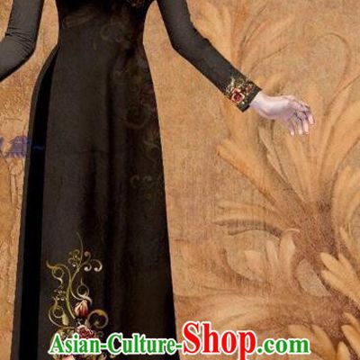 Vietnamese Black Qipao Dress Traditional Cheongsam Clothing Vietnam Stage Show Fashion Long Dress with Loose Pants Women Ao Dai Outfits