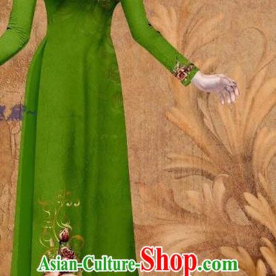 Traditional Green Qipao Dress Vietnam Stage Show Fashion with Loose Pants Women Ao Dai Outfits Vietnamese Cheongsam Clothing