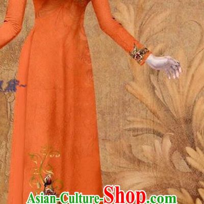 Traditional Printing Rose Orange Qipao Dress with Loose Pants Women Ao Dai Outfits Vietnamese Cheongsam Clothing Vietnam Stage Show Fashion