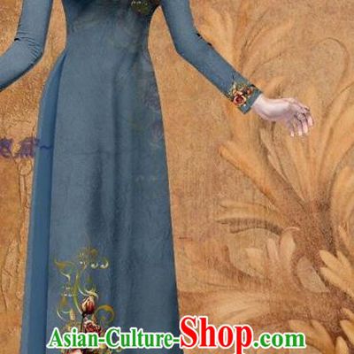Vietnamese Women Ao Dai Outfits Traditional Cheongsam Clothing Vietnam Stage Show Fashion Printing Rose Navy Qipao Dress with Loose Pants