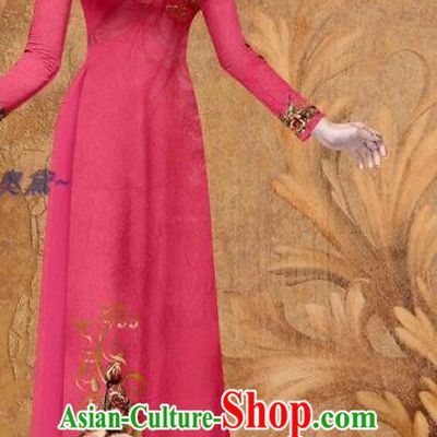 Vietnamese Women Printing Rose Rosy Qipao Dress with Loose Pants Ao Dai Outfits Traditional Cheongsam Clothing Vietnam Stage Show Fashion