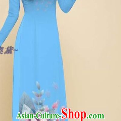 Light Blue Oriental Beauty Cheongsam with Loose Pants Outfits Traditional Fashion Vietnam Ao Dai Qipao Dress Vietnamese Women Clothing