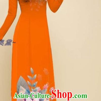 Oriental Beauty Orange Cheongsam with Loose Pants Outfits Traditional Vietnamese Women Clothing Vietnam Ao Dai Qipao Dress Fashion