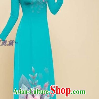 Vietnamese Women Teal Ao Dai Qipao Dress with Loose Pants Outfits Traditional Vietnam Clothing Oriental Beauty Cheongsam Fashion