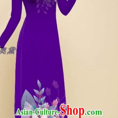 Vietnamese Women Ao Dai Qipao Dress with Loose Pants Outfits Traditional Clothing Vietnam Fashion Oriental Beauty Purple Cheongsam