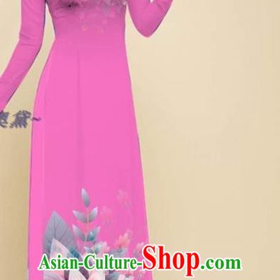 Traditional Vietnamese Women Rosy Ao Dai Qipao Dress with Loose Pants Outfits Oriental Beauty Cheongsam Fashion Vietnam Clothing