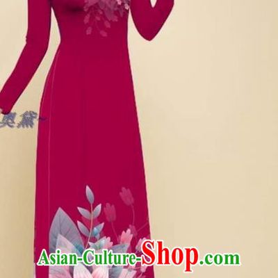 Traditional Vietnamese Women Wine Red Ao Dai Qipao Dress Fashion Clothing Vietnam Oriental Beauty Cheongsam with Loose Pants Outfits