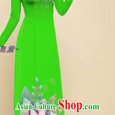 Vietnam Oriental Beauty Cheongsam with Loose Pants Outfits Fashion Clothing Traditional Vietnamese Women Green Ao Dai Qipao Dress