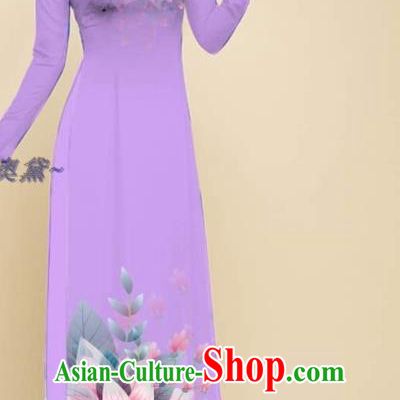 Oriental Violet Cheongsam Traditional Vietnamese Women Ao Dai Qipao Dress with Loose Pants Outfits Clothing Vietnam Fashion