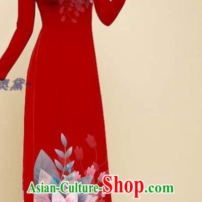 Red Oriental Cheongsam Traditional Vietnamese Ao Dai Qipao Dress with Loose Pants Outfits Clothing Vietnam Beauty Fashion