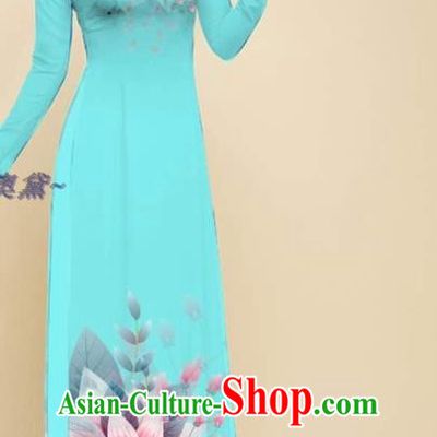 Traditional Oriental Cheongsam Vietnamese Ao Dai Qipao Dress with Loose Pants Outfits Vietnam Beauty Fashion Light Blue Clothing