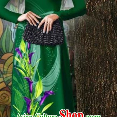 Vietnamese Oriental Qipao Dress with Loose Pants Outfits Vietnam Stage Show Costume Traditional Dark Green Ao Dai Cheongsam