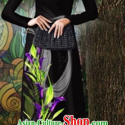Vietnamese Traditional Ao Dai Dress Vietnam Stage Show Costume Oriental Classical Qipao with Loose Pants Outfits Black Cheongsam