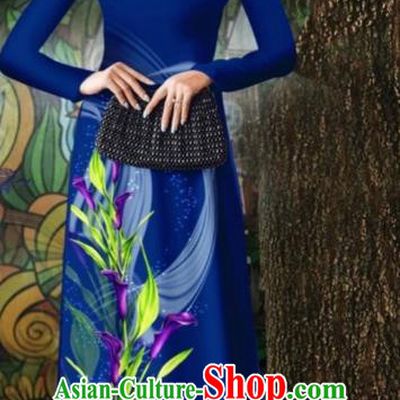 Vietnam Stage Show Costume Deep Blue Cheongsam Vietnamese Traditional Ao Dai Dress Oriental Classical Qipao with Loose Pants Outfits