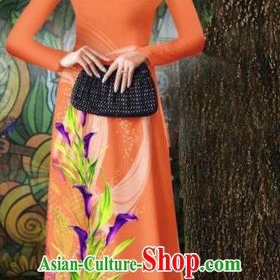 Vietnamese Stage Show Costume Traditional Ao Dai Dress Vietnam Classical Qipao with Loose Pants Outfits Oriental Orange Cheongsam