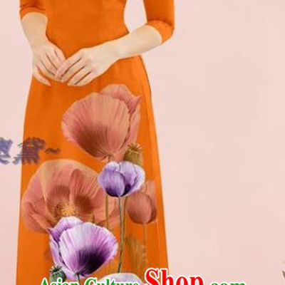 Vietnam Orange Ao Dai Dress Vietnamese Costume Fashion Classical Qipao with Loose Pants Outfits Traditional Oriental Cheongsam