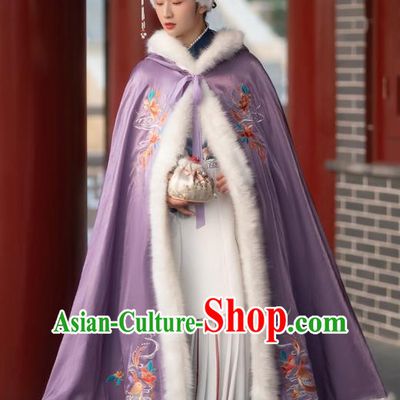 Chinese Ming Dynasty Embroidered Purple Cloak Historical Costume Traditional Ancient Princess Hanfu Apparel for Patrician Lady