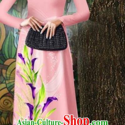 Traditional Vietnamese Ao Dai Cheongsam Oriental Classical Pink Qipao Dress with Loose Pants Outfits Vietnam Stage Show Costume