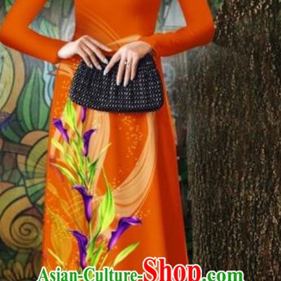 Jacinth Cheongsam Traditional Vietnamese Ao Dai Dress Vietnam Stage Show Costume Oriental Classical Qipao with Loose Pants Outfits