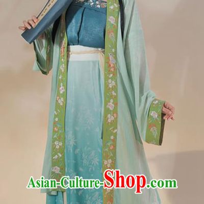 Chinese Traditional Hanfu Dress Ancient Costumes Song Dynasty Young Lady Embroidered BeiZi Top and Blue Skirt for Female