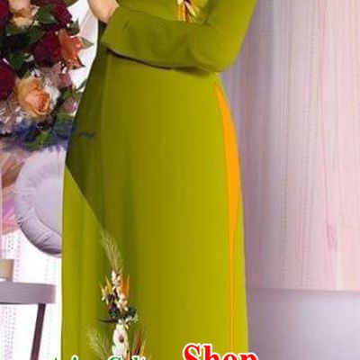 Vietnam Classical Olive Green Cheongsam Vietnamese Women Costumes Printing Qipao with Pants Asian Clothing Traditional Ao Dai Dress