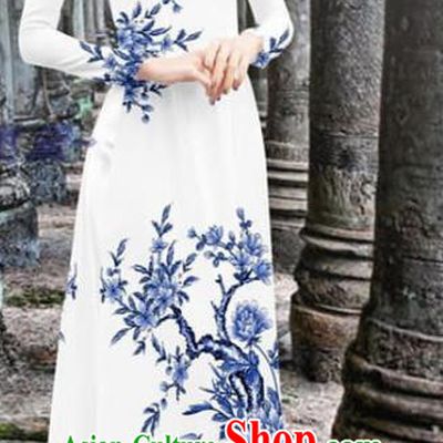 Vietnam Printing Blue Flower Bird Cheongsam Qipao Dress with Loose Pants Vietnamese Traditional Ao Dai Costume