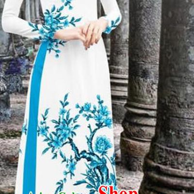 Asian Traditional Costumes Vietnam Ao Dai Clothing Vietnamese Printing Flower Bird Cheongsam with Blue Loose Pants Set
