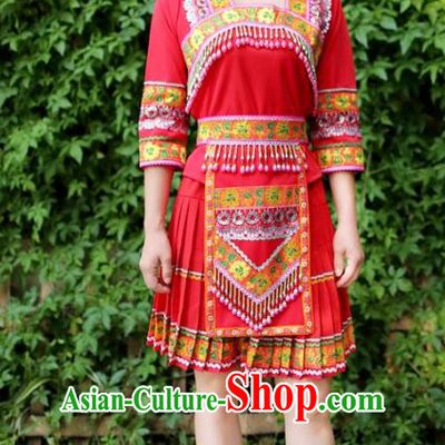 China Ethnic Women Clothing Traditional Miao Nationality Folk Dance Red Blouse and Short Pleated Skirt with Hat
