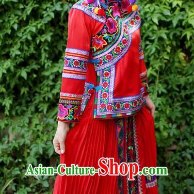 Embroidered Uniforms China Guizhou Puyi Ethnic Women Red Blouse and Long Skirt Traditional Bouyei Nationality Folk Dance Clothing with Hat