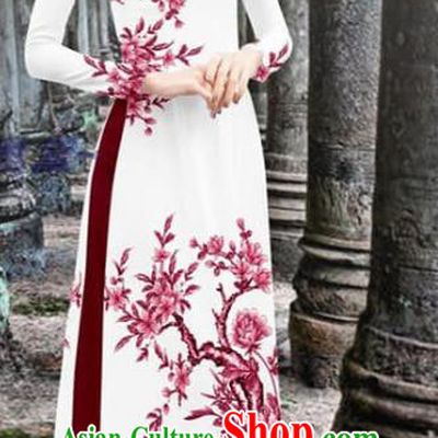 Vietnam Printing Flower Bird Cheongsam with Wine Red Loose Pants Asian Traditional Aodai Vietnamese Clothing
