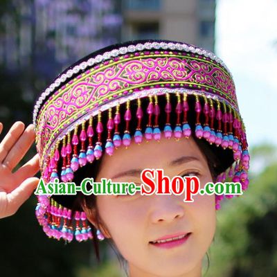 Top Quality China Ethnic Women Rosy Beads Tassel Headwear Chinese Tujia Nationality Round Hat