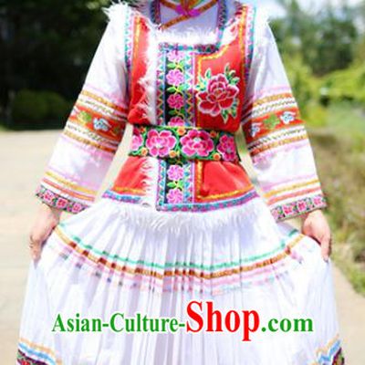 China Yunnan Pumi Nationality Embroidered Red Vest Blouse and Long Skirt Traditional Ethnic Female Uniforms with Headpiece