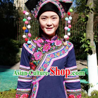Traditional Zhuang Ethnic Women Uniforms China Guizhou Nationality Embroidered Navy Blouse and Short Skirt with Cloth Hat