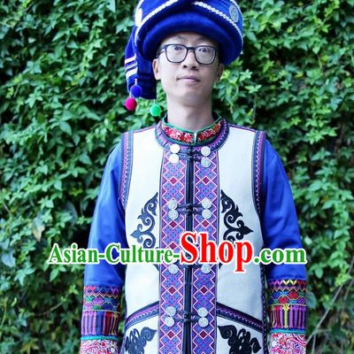 Chinese Bai Nationality White Flax Vest Quality Ethnic Men Costumes Short Waistcoat