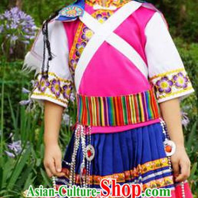 Chinese Yunnan Naxi Nationality Girls Embroidered Costumes Quality Nakhi Ethnic Rosy Dress and Headpiece for Kids