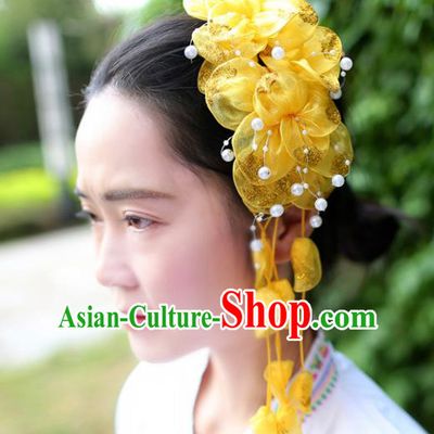 Women Yellow Silk Flowers Hair Claw Yunnan Dai Nationality Bride Headpiece Chinese Traditional Ethnic Hair Accessories