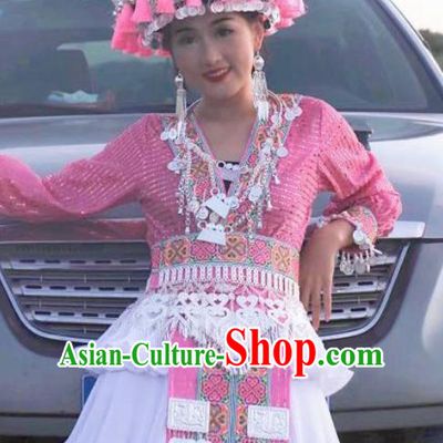 Photography Clothing China Mengzi Miao Nationality Clothing Embroidered Outfits Ethnic Women Pink Short Dress and Headpiece