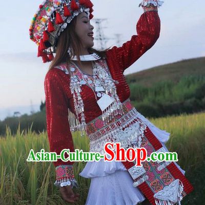 China Photography Embroidered Outfits Mengzi Miao Nationality Clothing Ethnic Women Red Sequins Short Dress and Headwear