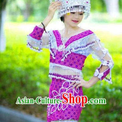 Top Quality Miao Ethnic Women Dress China Miao Nationality Clothes Embroidered Top and Skirt and Silver Hat