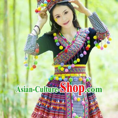 Photography Clothing Top Quality Miao Ethnic Women Short Dress China Embroidered Top and Skirt and Hat Miao Nationality Clothes